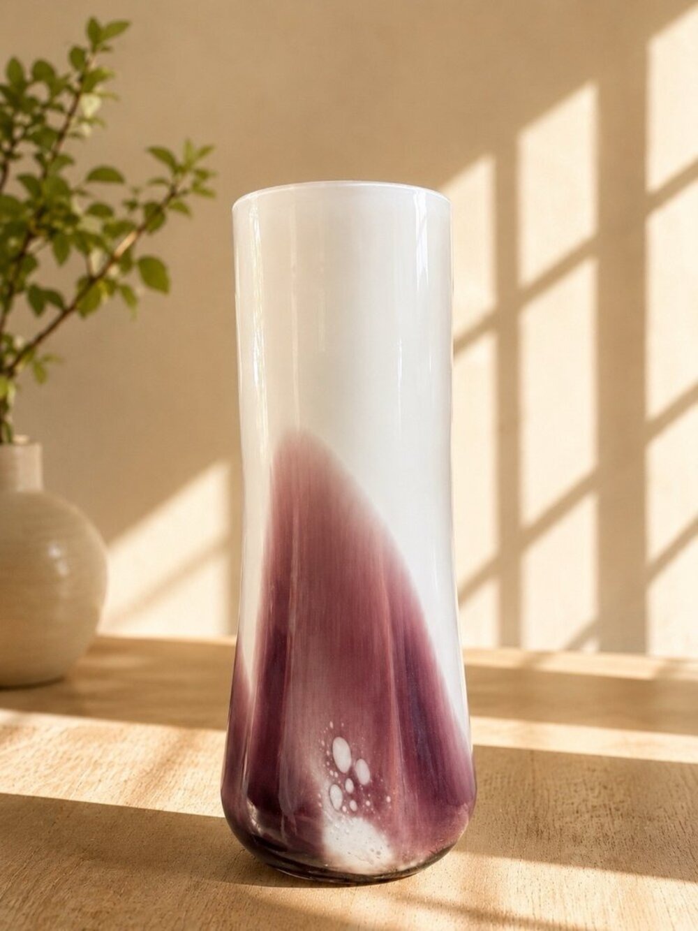 Art Glass Vase White Dark Purple Bubble Glass 12 Inch